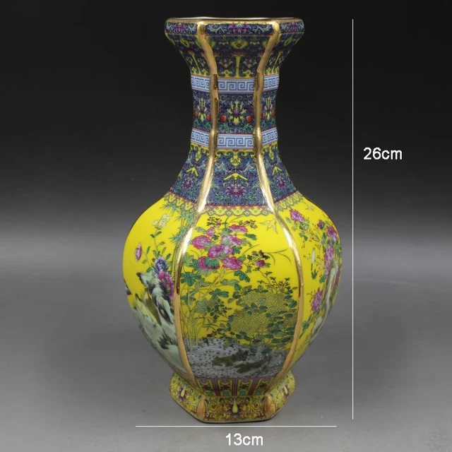 Qing Qianlong Antique Yellow Ceramic Vase Enamel Gilt Hexagon Vase With Flower Antique Porcelain Ancient Porcelain Collection 3