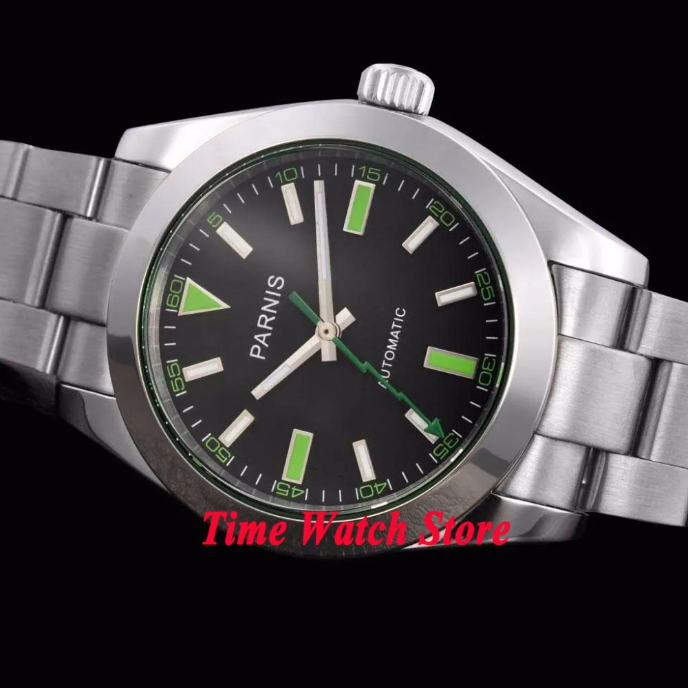 Parnis 40 мм черный циферблат зеленые светящиеся знаки flash hand sapphire glass MIYOTA