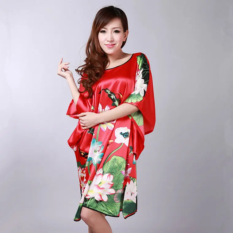 Зеленый женский халат шелковый искусственный шелк банное платье Mujer Pijama китайский стиль Женская Повседневная юката Ночная рубашка один размер цветок S0109 - Цвет: Красный