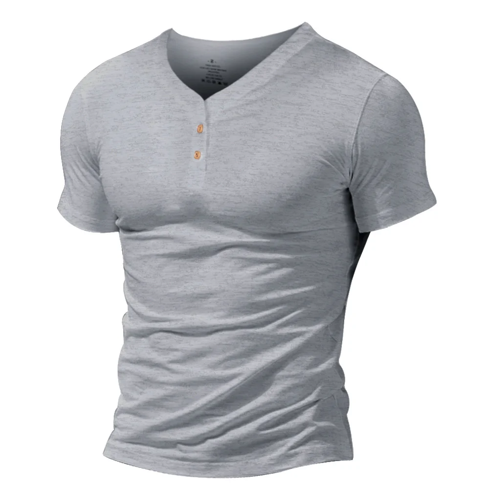 MUSCLE ALIVE Мужская футболка Henleys с коротким рукавом и пуговицами, простая хлопковая Облегающая рубашка с v-образным вырезом, облегающие футболки для бодибилдинга - Цвет: Серый