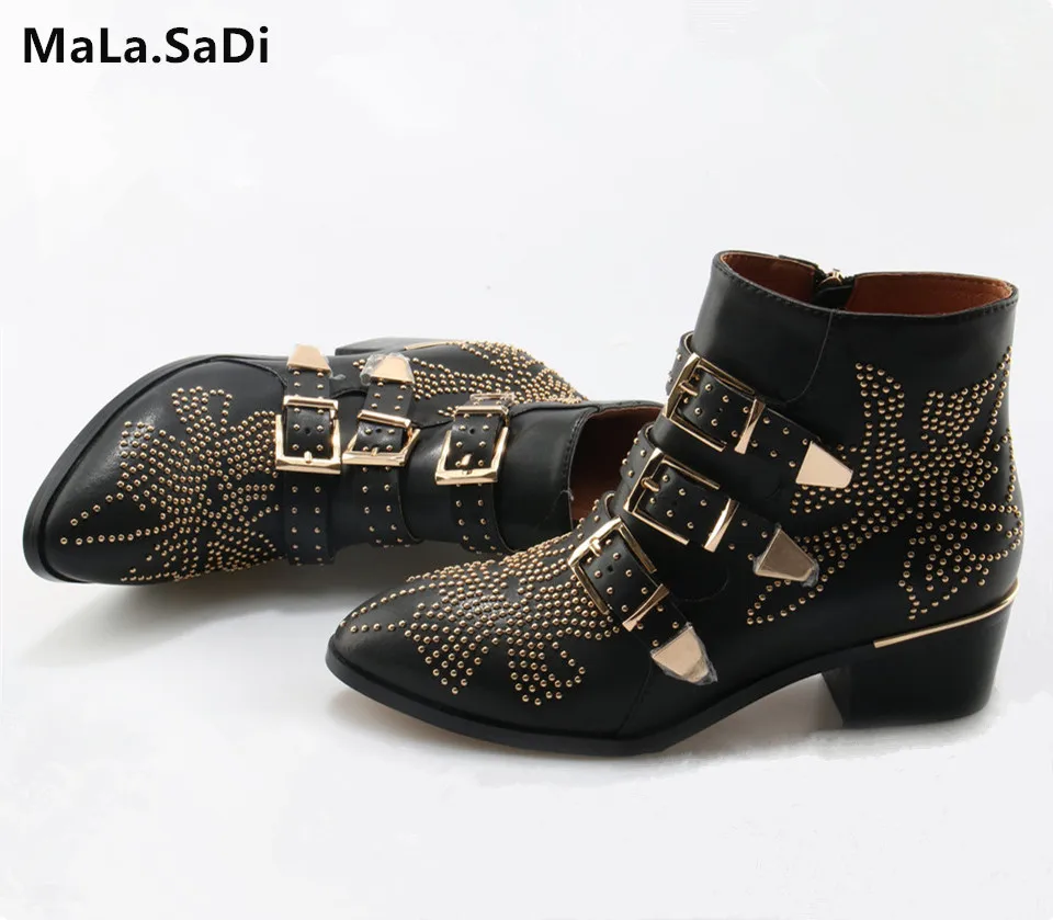 Hot Sale New Fashion Cool Women Sexy Rivets Buckle Ankle Boots High Quality Genuine Leather Med Square Heels Shoes Size 35-42