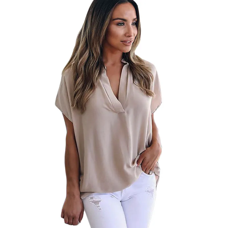 

Fashion V Neck Tunic Solid Top Elegant Ladies Office Blouse Casual Loose Top Shirt Chiffon Blouse Women new Short Sleeve Shirt