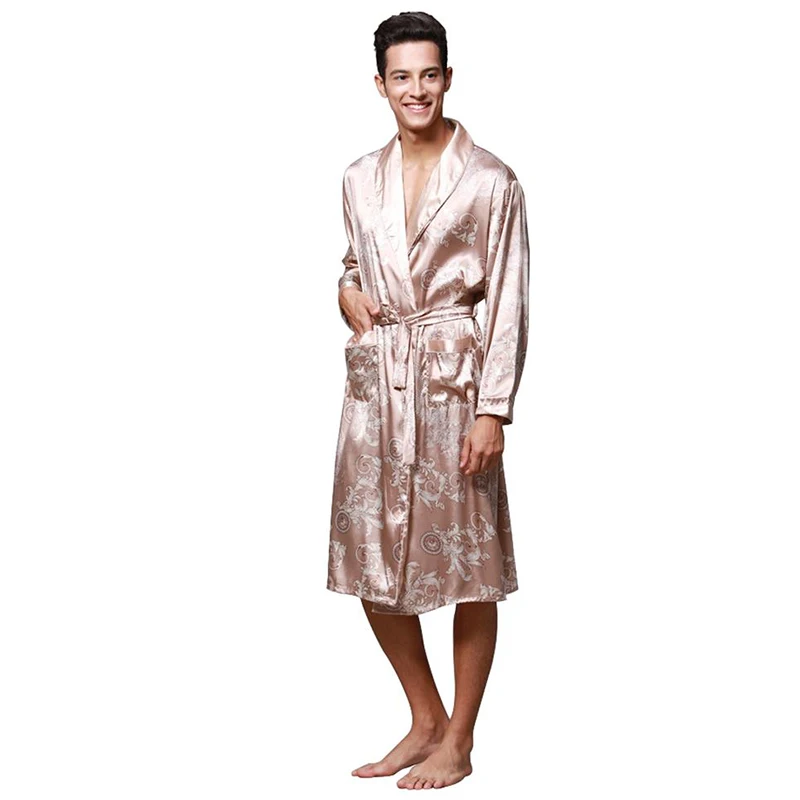 Tony&Candice Men's Satin Robe Long Sleeve Spa Bathrobe Dragon Printed Loungewear Sleepwear