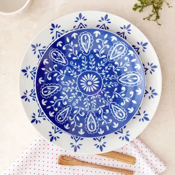 

North European Style Ceramic Dishes & Plates Kitchen Pottery On-glazed Round Blue Flower Printed Plate Dinner Steak Dish 10Inch