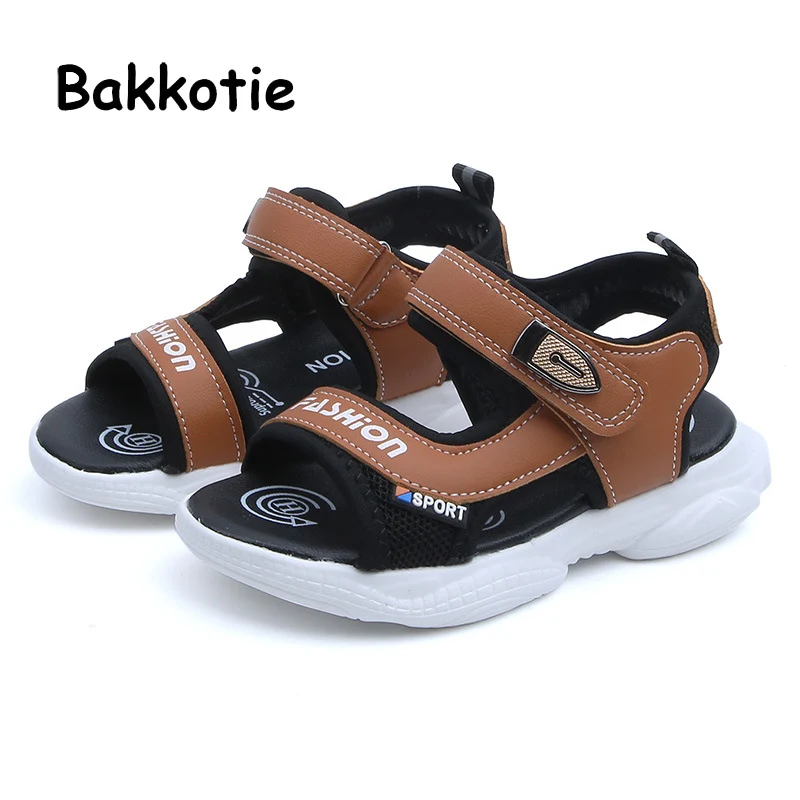 

Bakkotie New Summer Boys Fashion Black Sports Casual Beach Shoes Toddlers Breathable Sandals Kids Pu Leather Soft Non-Slip Shoes