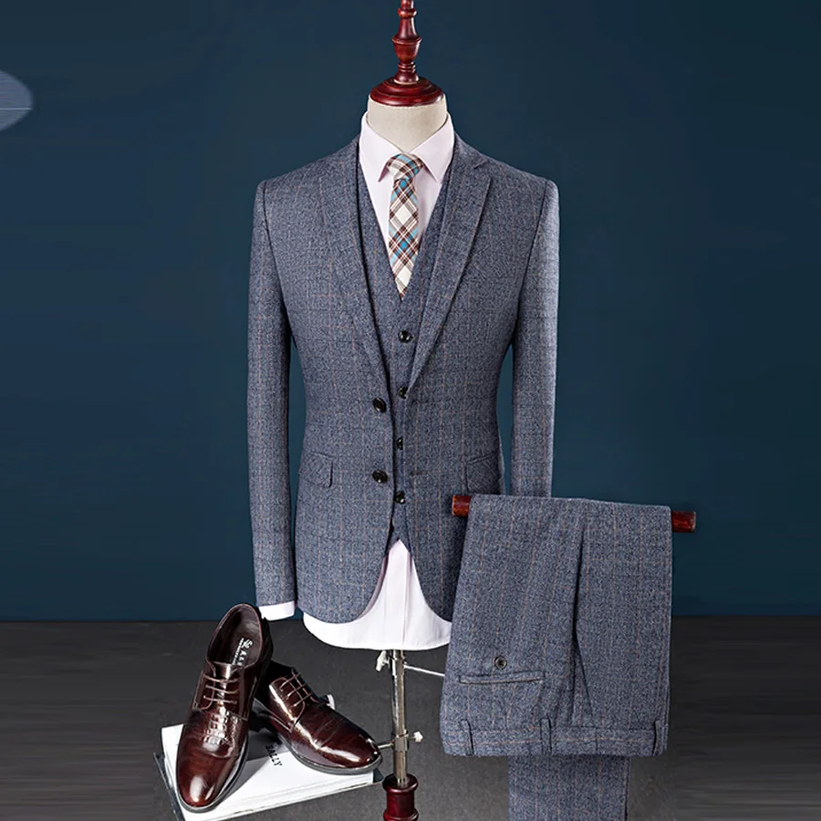 Striped Blazer Men Business Style Suit Wedding Suit Groom Tuxedos Slim Fit for Men 3 Pieces (Jacket+Vest+Pants) Plaid Suits Men