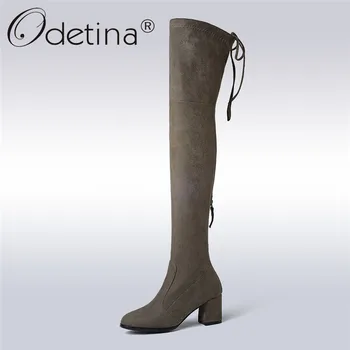 

Odetina New Fashion Autumn Winter Kid Suede Lady Over The Knee Boots Women Soft Square High Heels Back Zip Lace Up Thigh Boots