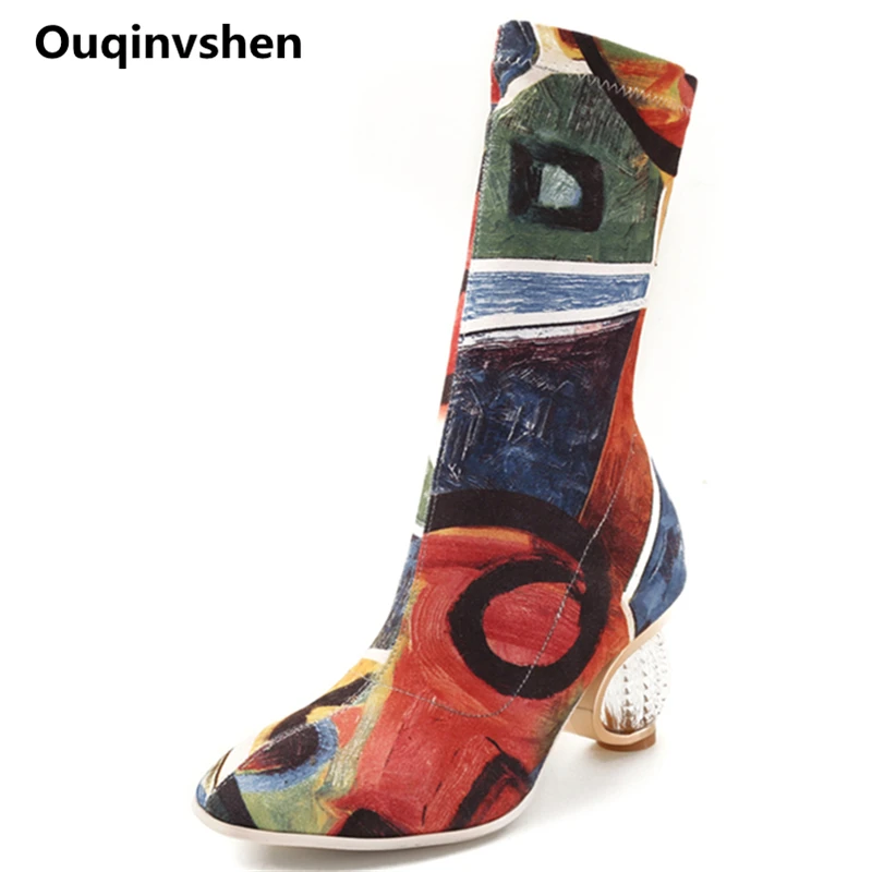 

Ouqinvshen Strange Style Over The Knee Boots Plus Size 34-43 Plaid Stretch Fabric Fashion Casual Pumps Mixed Colors Winter Shoes