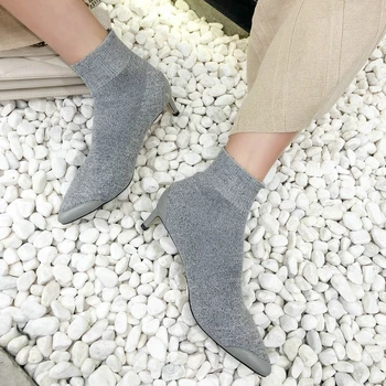

EshtonShero Women Shoes Woman Ankle Boots Knitting Leather Thin Med Heels Pointed Toe Autumn Ladies Basic Sock Boots Size 3-8