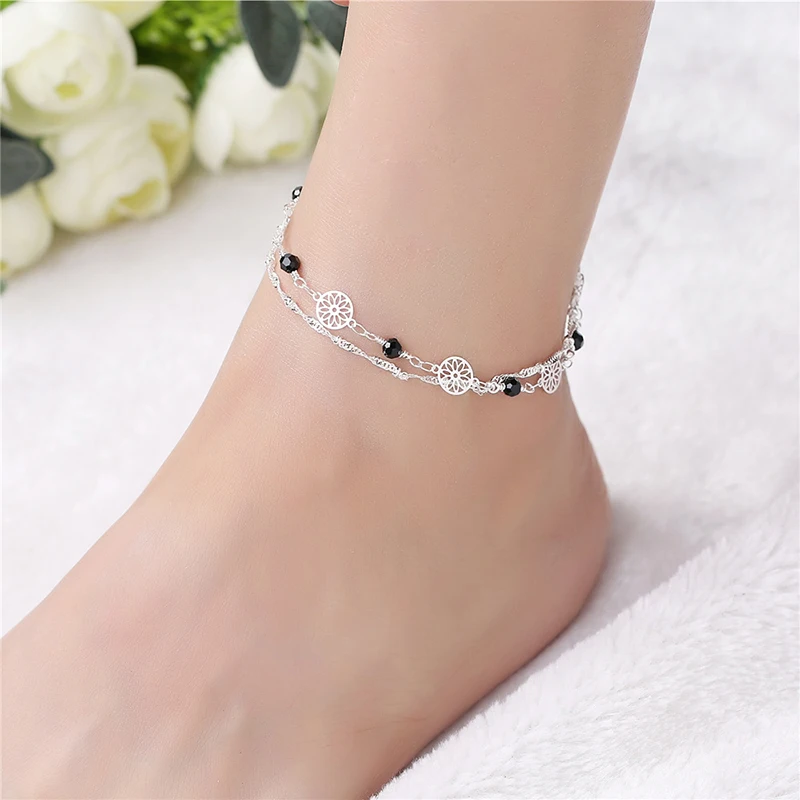 New Boho 925 Silver Anklets for Women Girl Bohemian Chain Beads Anklet
