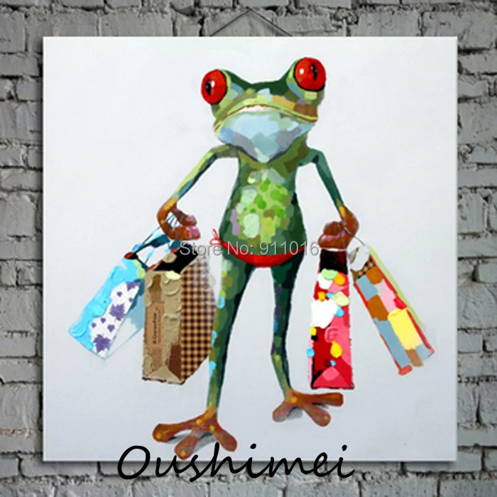 

Hand Painted Abstract Animal Paintings For Room Decor Funny Frog Shopping Oil Painting On Canvas Hang Pictures for Wall Decor