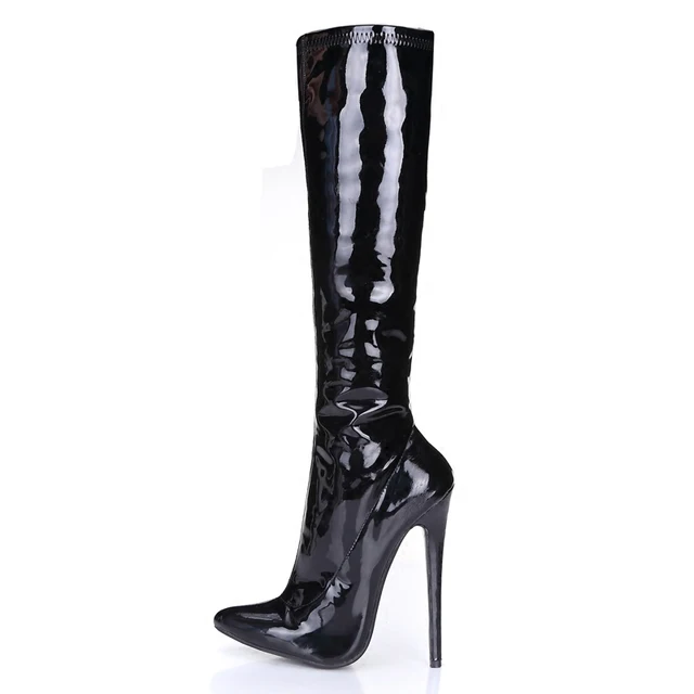 Black Patent Leather Sexy Pointed Toe Knee High Boots Stiletto 16CM ...