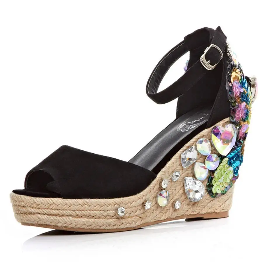 

Spring and summer new thick bottom slope and water drill leather fish mouth waterproof platform high heel sandals