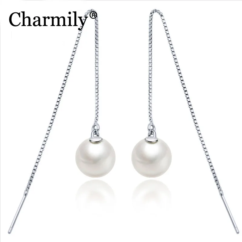 

Charmily Authentic 925 Sterling Silver Classical Elegant and Artificial Pearl Threader Drop Earrings For Party And Wedding