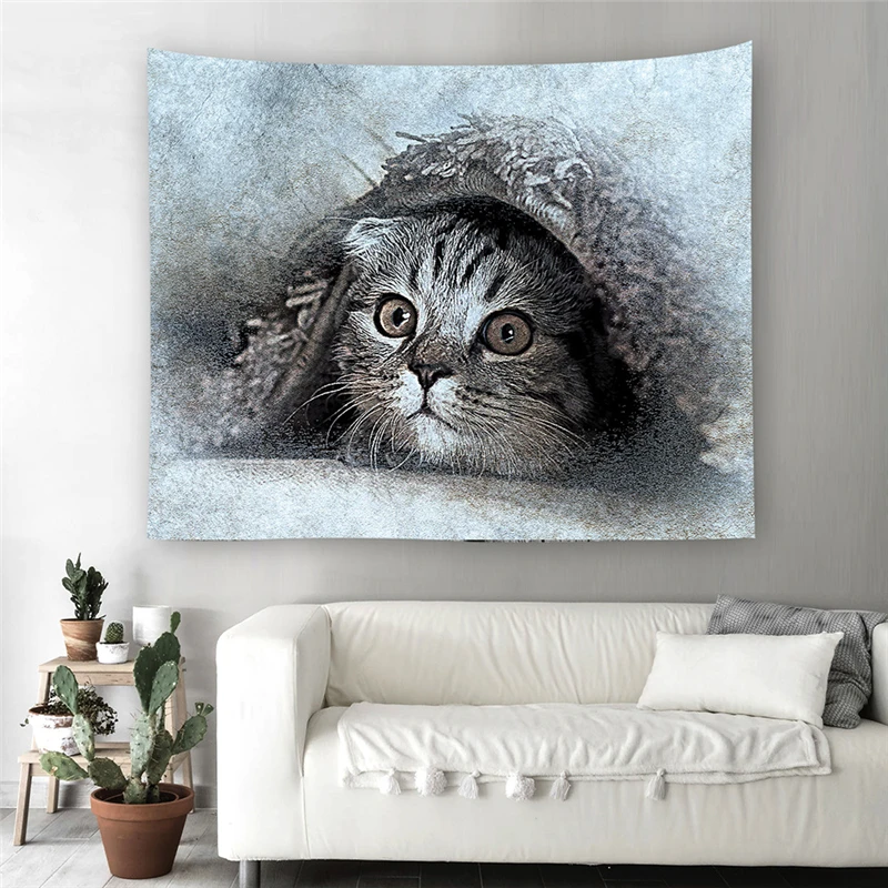 Gray Style Cute Cat Pattern Wall Tapestry 6 Sizes Soft Polyester Livingroom Hanging Tapestry Home Art Decor Tapestry Bed Blanket