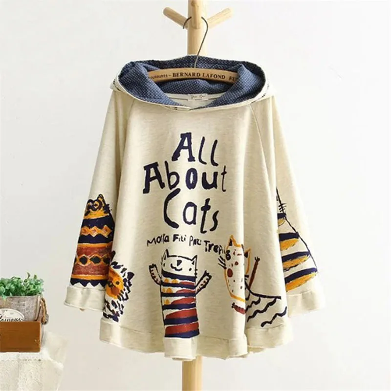 

Autumn Winter New Japanese Women Kawaii Harajuku Hooded Hoodies Female Ruffle Letter Cat Sweatshirts Pull Femme Tops
