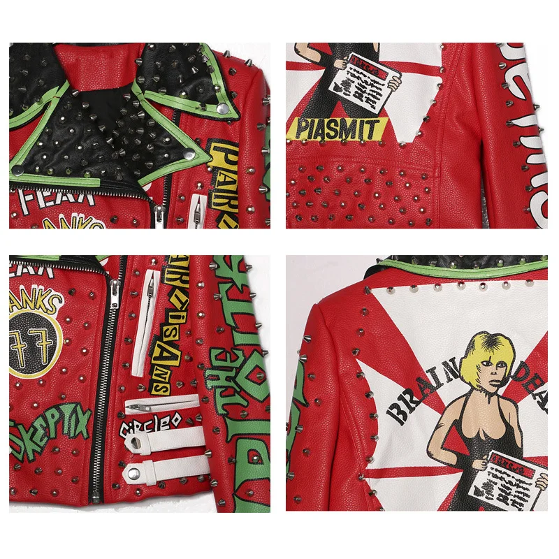 Women's Leather Jacket Punk Style Rivet Graffiti Moto Jacket Leather Coats 2018 Fashion Brand Streetwear Faux Leather Jacket