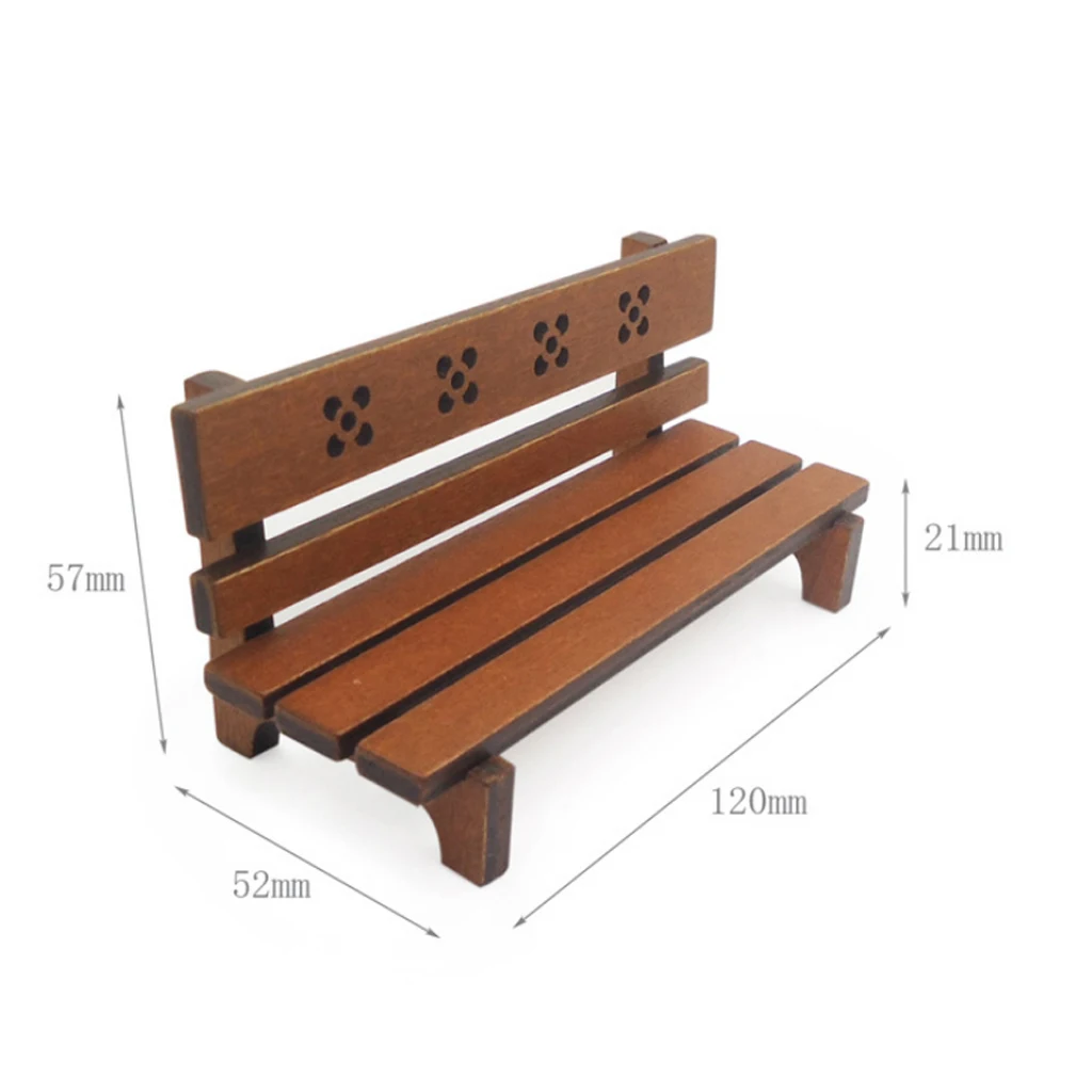 Dollhouse Miniature Outdoor Garden Chair Wooden Park Bench Long Chair Room Garden Furniture Accessories Brown