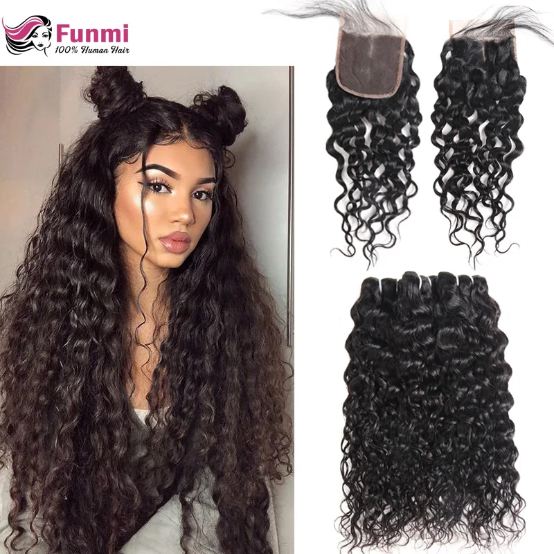 Funmi Virgin Human Hair Bundles with Closure Water Wave Bundles with Closure 4*4inch Brazilian Virgin Hair Bundles with Closure
