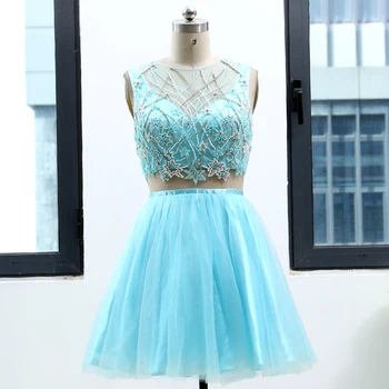 

Sky Blue Ball Gown Scoop Neck Knee-Length Beading Chiffon Prom Party Formal Evening Dress M 263794