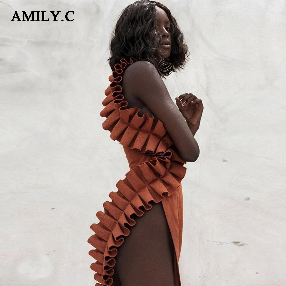 

Amily.c Summer Women's 2019 Orange Sexy Sleeveless Ruffled Bandage Dress Bodycon Celebrity Party Dress