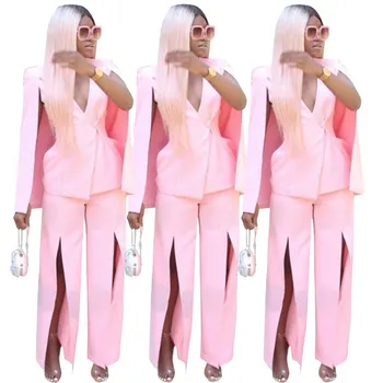 

Women Casual V-Neck Cloak Blazer Set Office Ladies Pink 2Pcs Matching Set Suit Solid Split Wide Leg Pants Two Piece Set
