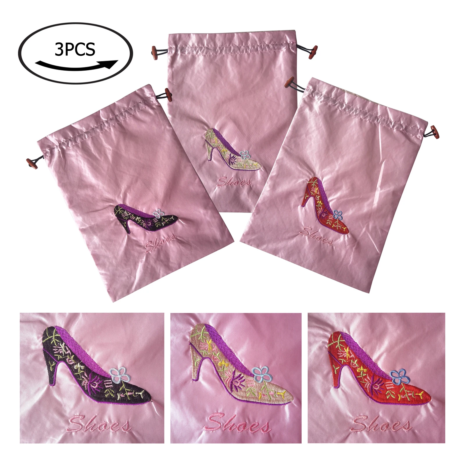 

One Pack (3 Pieces) 10.5" x 14" (L x W) Embroidered Silk Jacquard Travel Lingerie and Shoes Bags with Drawstring Closure SHB-3PI
