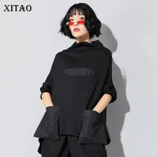 XITAO Harajuku Лоскутная футболка с карманом Женская стоячий воротник размера плюс повседневная черная уличная женская стежка Корейская летняя LYH2877