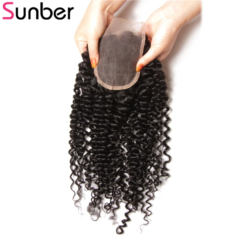 Sunber remy волосы малазийские вьющиеся волосы 4x4 кружева закрытие часть средняя три распутывания 10-20 дюймов можно смешивать с пучками