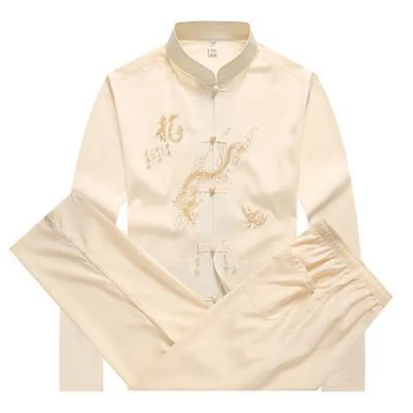 Мужская рубашка с длинными рукавами и брюки китайский традиционный Мандариновый воротник кунг-фу комплект азиатской вышивки дракона тайчи Тан костюм Размер m-xxxl - Цвет: Бежевый