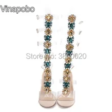 Новинка года; Модные женские босоножки до колена на тонком каблуке с открытым носком и пряжкой; Цвет Зеленый, со стразами и стразами; высокие сапоги