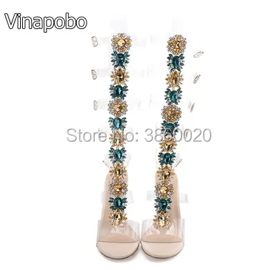 2018 New Fashion Women Green Diamond Crystal PVC Transparent Thin Heels Open Toe Buckles Knee High Sandals Boots Long | Обувь