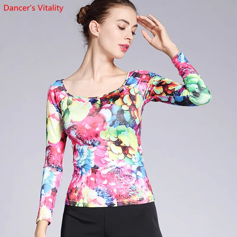 

Fashion Print Ballroom Dance Tops Adult U-Neck Elastic force Ice Silk Clothes Women Latin Waltz Tango Dance Practice Costumes