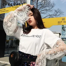 Cheerart осень г. футболка для женщин кружево фонари рукавом Письмо печати Топ с длинным рукавом белый черный Femme корейский стиль