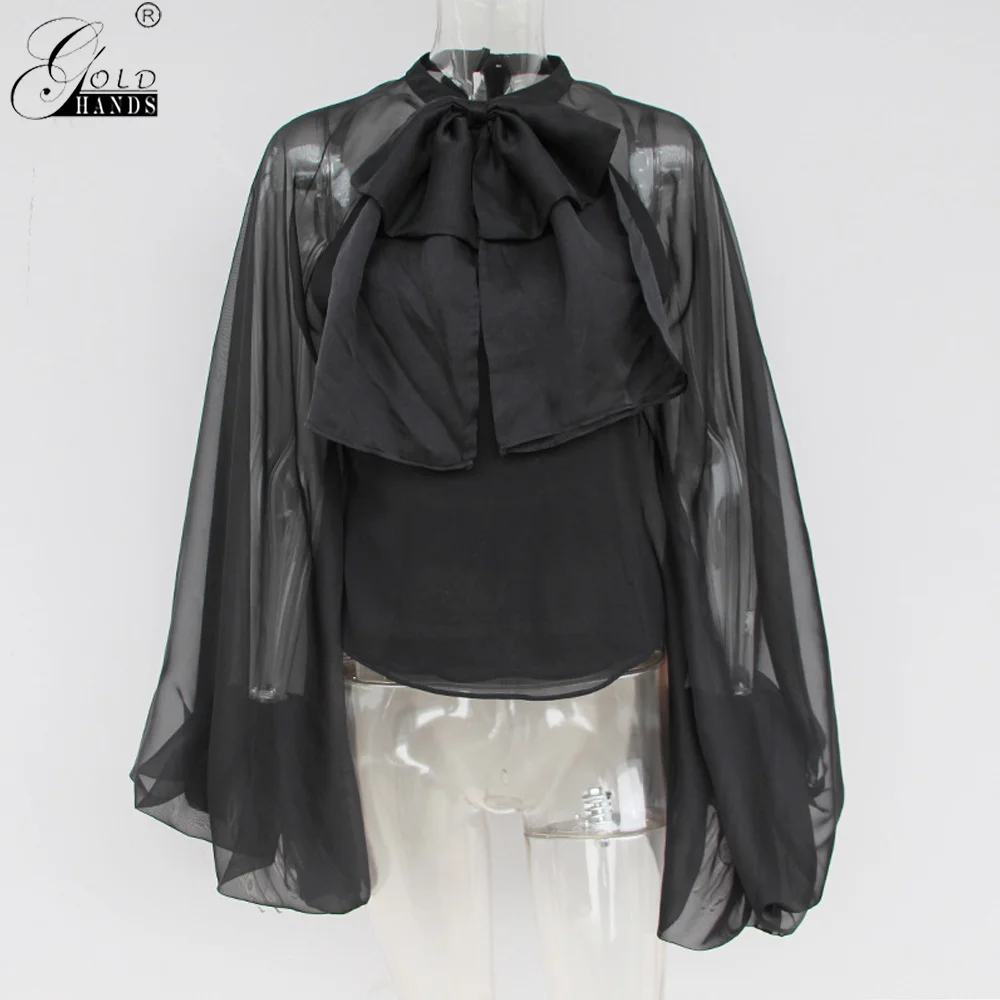 

Gold Hands Transparent Sexy Tops Bowknot Chiffon Blouse Shirt Women Lantern Sleeve Tulle 2019 Spring Summer Casual Solid Blouses