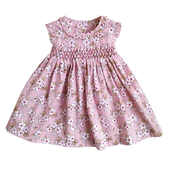

New Summer Kids Sleeveless England Handmade Smock Belt Bowknot Floral Printed Little Girls 9M-36M Princess Vest Dresses