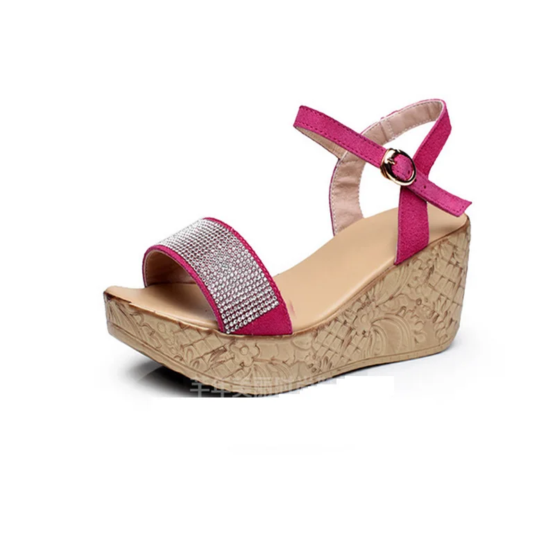 Women s Crystal Summer Casual Leisure Med Heels Wedge Sandals Shoes Fashion Cow Split Leather Black