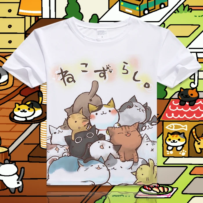 Japanese Neko Atsume ねこあつめ Cute Cat Casual Short Sleeve T-shirt Gift Cosplay 
