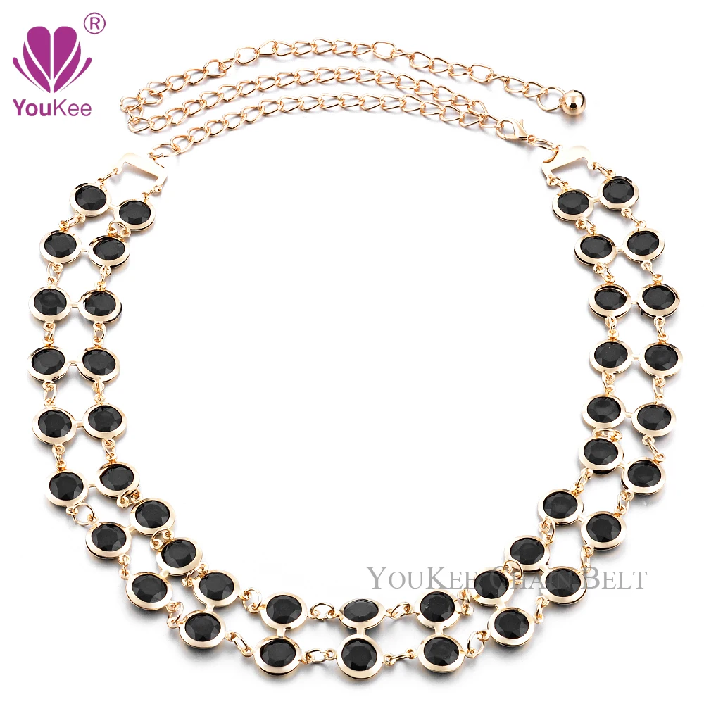6pcs/lot Wholesale Black Diamond Women Belt Gold Plated Long Belt Chain