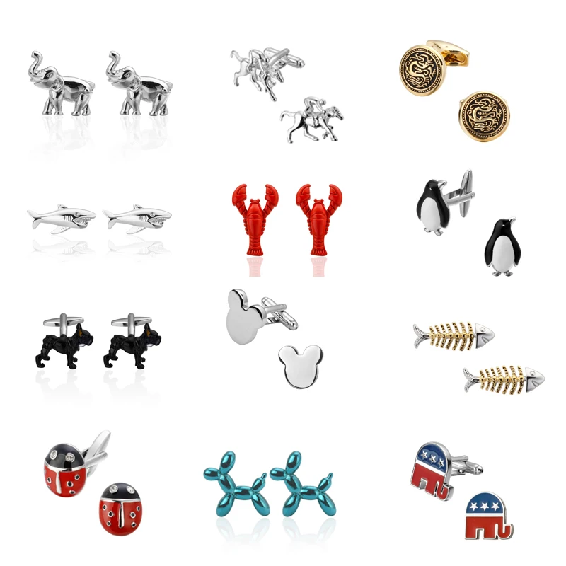Высококлассные французские запонки в форме животных/Слон/жук/Микки/рыбные кости/Пингвины/акула/лошадь/собака