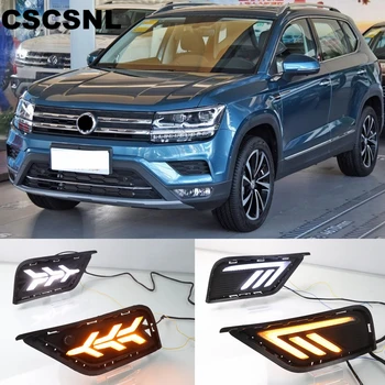 

2PCS LED DRL Daytime Running Light Daylights For Volkswagen VW Tharu 2019 With Yellow Turn Signal Fog Lamp Cover night blue