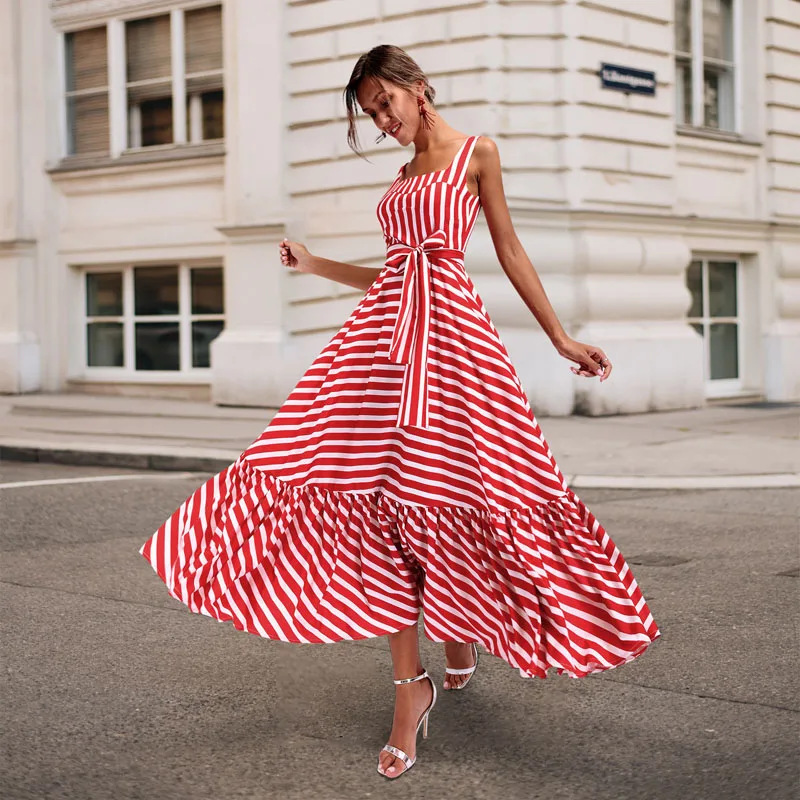 

Sexy sling stripe dress summer women's red tube top dress fresh and sweet beach dress Original design big swing Dress S-XXXL