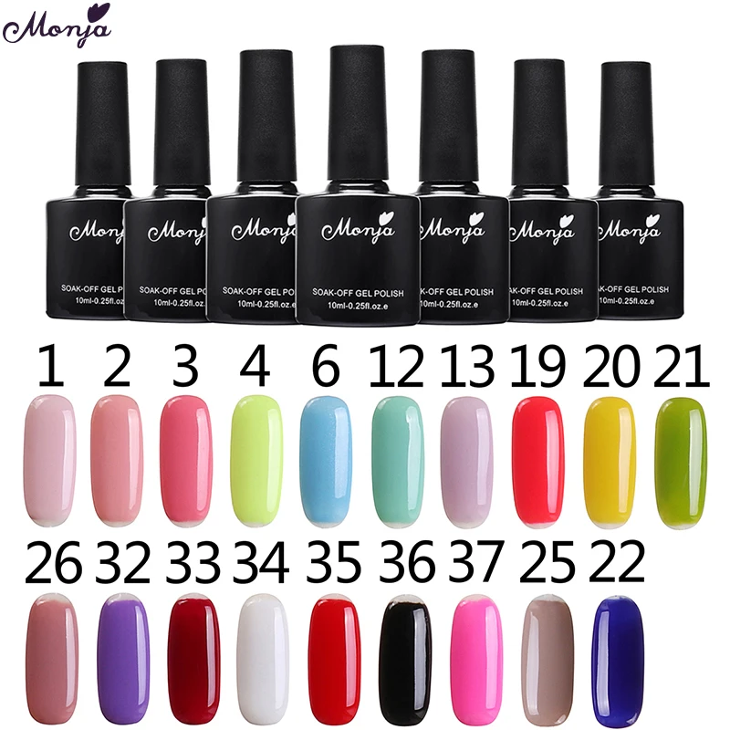 

Monja 10ml Nail Art Pure 19 Colors Glitter Soak Off Acrylic UV Gel Polish Lacquer Primer Base Coat Matt Top Coat Manicure Tool