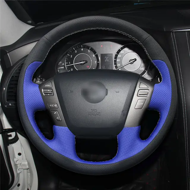 MEWANT Black Genuine Leather Steering Wheel Cover for Nissan Patrol
