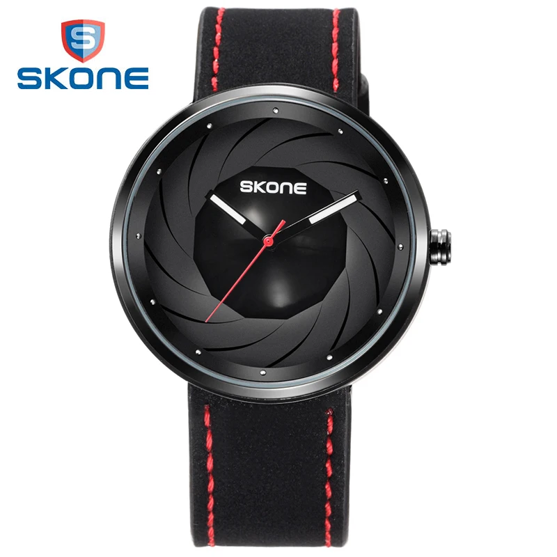 

SKONE man watches creative camera lens design photographer watch leather strap luxury casual military quartz sports wristwatch