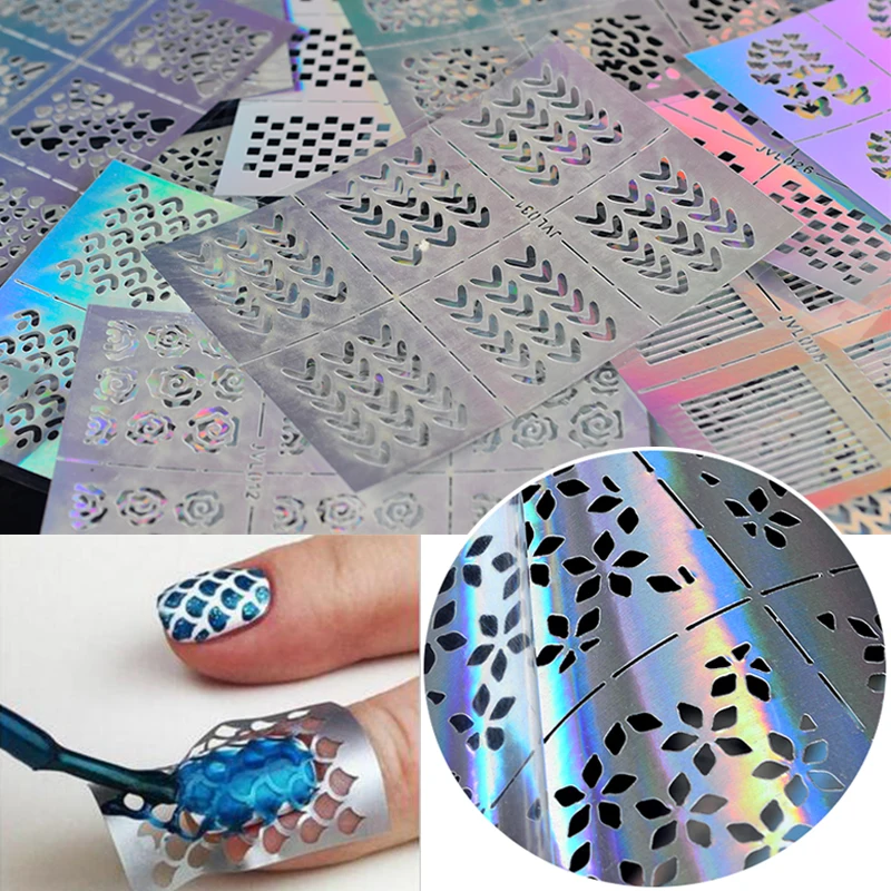 

YWK 23 Sheets DIY Manicure Irregular Grid Stencil Reusable Nail Art Vinyls Hollow Stickers Stamping Template Nail Tools