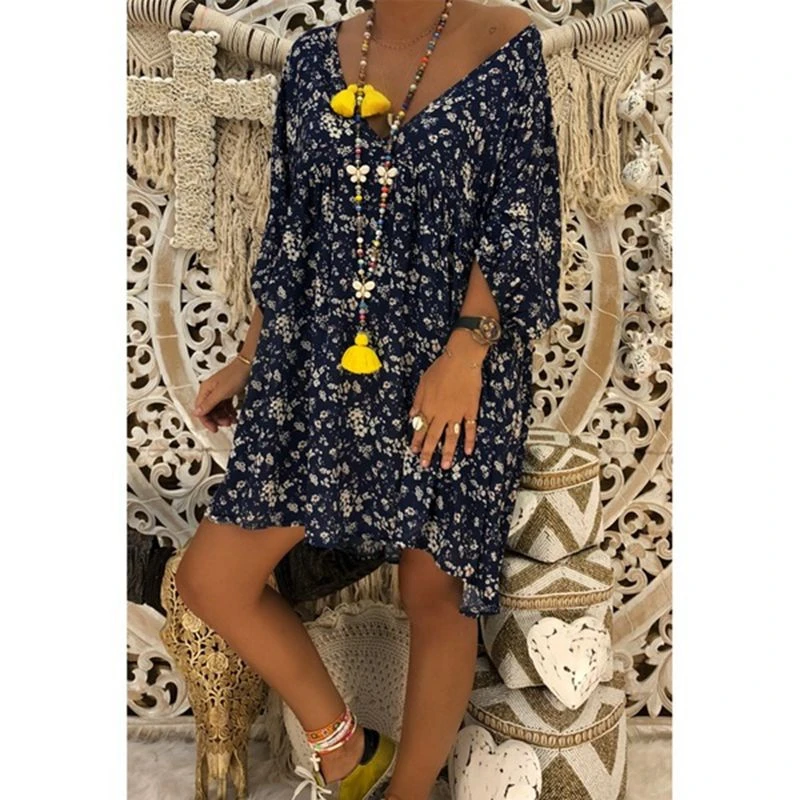 

Women Floral Print Chiffon Dress 3/4 Sleeve Boho Style Short Mini Dress Sundress Casual Shift Loose Dresses Vestido