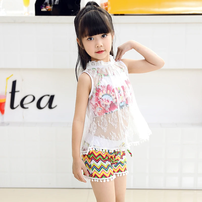 High waist Children's Two-Piece Suits White lace cover-ups 2018 new Girls swimsuit Beach cute print swimwear |