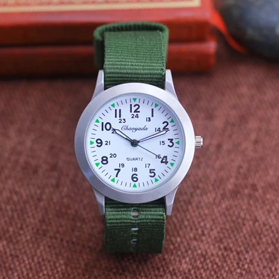 chaoyada дети мальчики девочки 24 часа холст светящийся указатель кварцевые наручные часы Дети Студенты военные водонепроницаемые часы - Color: green-white