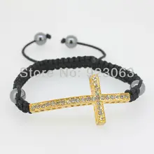 Sale 10pcs/lot Fashion Clear Crystal Gold Color Curved Sideways Cross Connector Bead Adjustable Black Macrame Rope Bracelet